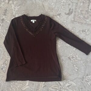 Coldwater Creek-Dark Brown V-Neck Long Sleeve Knit Top with Beaded Trim